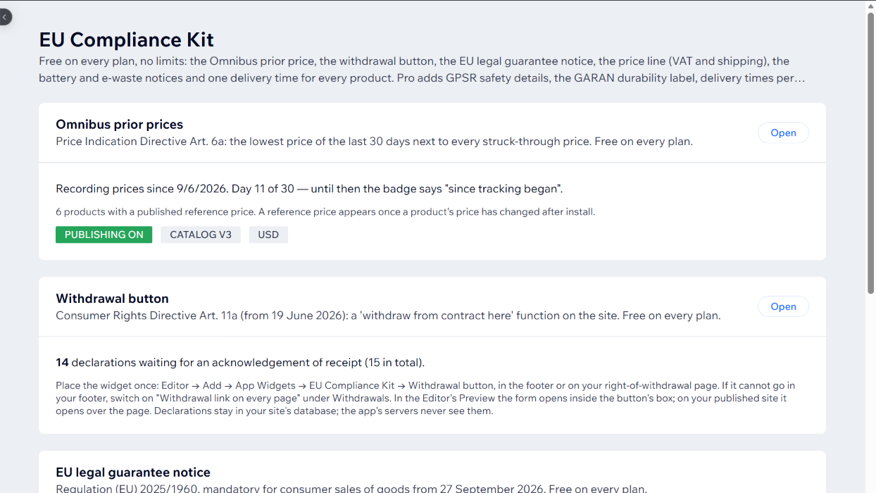 Die Startseite der App im Wix-Dashboard