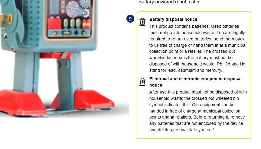 Entsorgungshinweise für Batterien und Elektrogeräte unter den Kaufbuttons, markiert mit 9