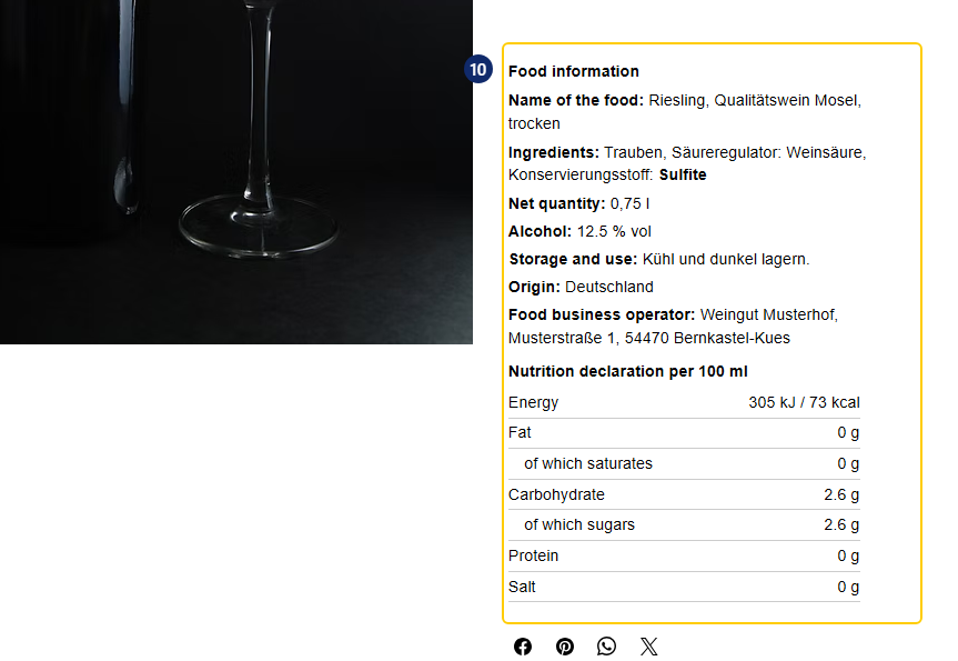 Lebensmittelangaben zu einem Wein: Zutaten mit fett hervorgehobenen Sulfiten, Alkohol, Unternehmer und Nährwerttabelle, markiert mit 10
