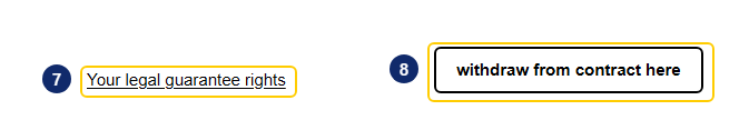Der Link zum Gewährleistungshinweis und der Widerrufsbutton im Footer, markiert mit 7 und 8