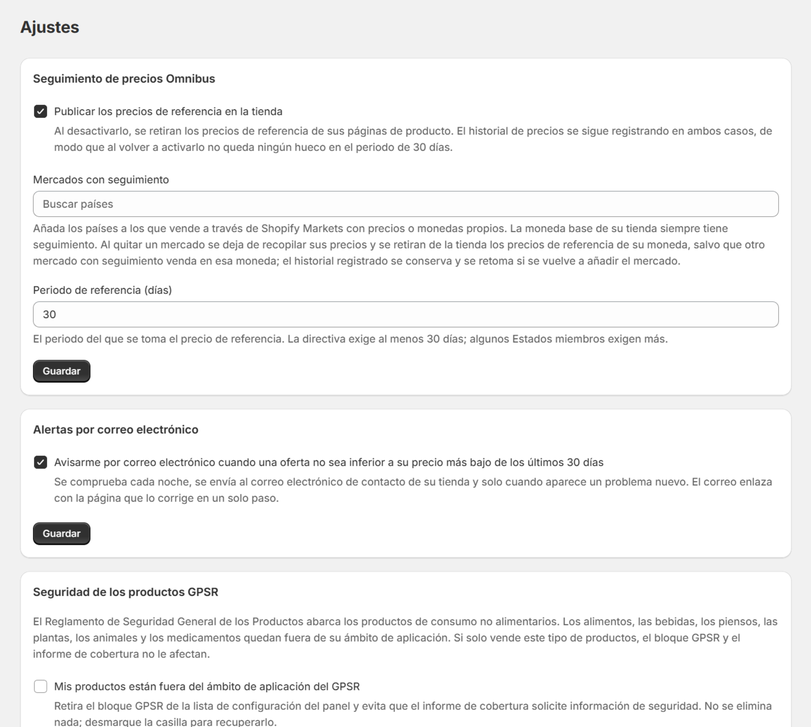 Ajustes: seguimiento de precios Omnibus activado, mercados con seguimiento, periodo de referencia de 30 días