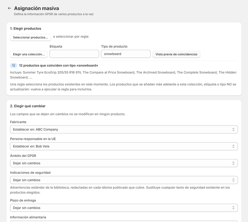 Asignación masiva: productos elegidos por tipo de producto, con fabricante y persona responsable definidos