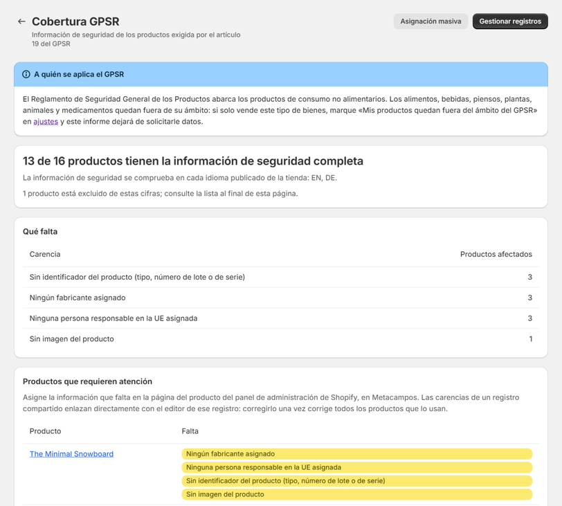 El informe de cobertura GPSR: el número de productos completos y la lista de lo que falta