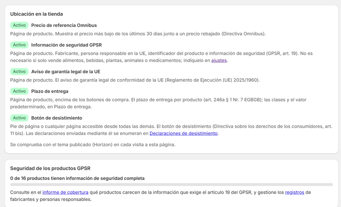 La tarjeta «Ubicación en la tienda» con los cinco bloques «Activo»