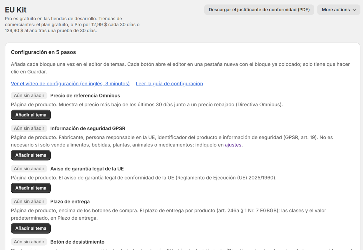 El panel de EU Kit tras la instalación: «Configuración en 5 pasos», cada bloque «Aún sin añadir» con un botón «Añadir al tema»