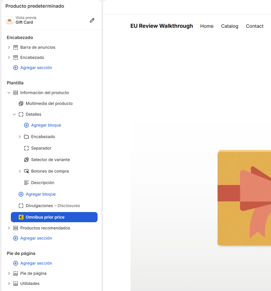 El editor de temas: el nuevo bloque «Omnibus prior price» seleccionado, abajo del todo en la sección Información del producto