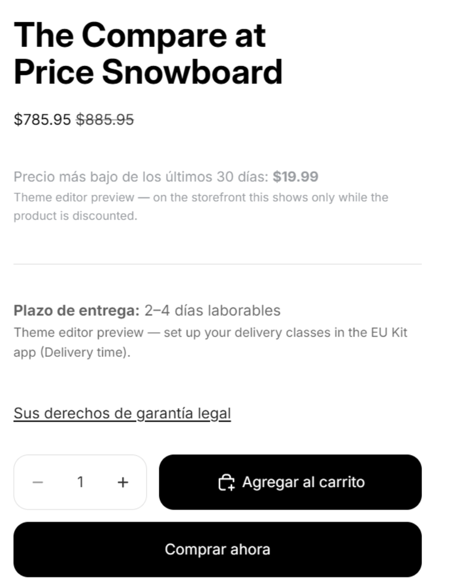 La ficha de producto ordenada en el editor: precio, línea de ejemplo del precio anterior, plazo de entrega, enlace a la garantía legal y, después, «Agregar al carrito»
