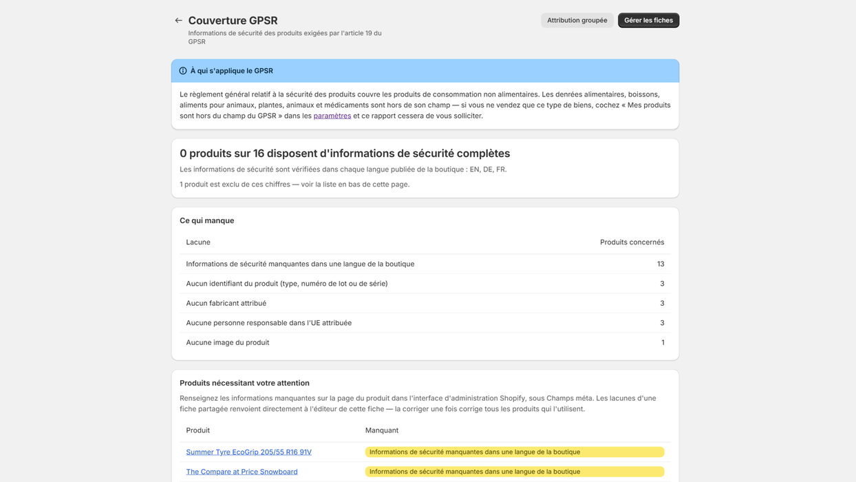 Le rapport de couverture GPSR : le nombre de produits complets et la liste de ce qui manque