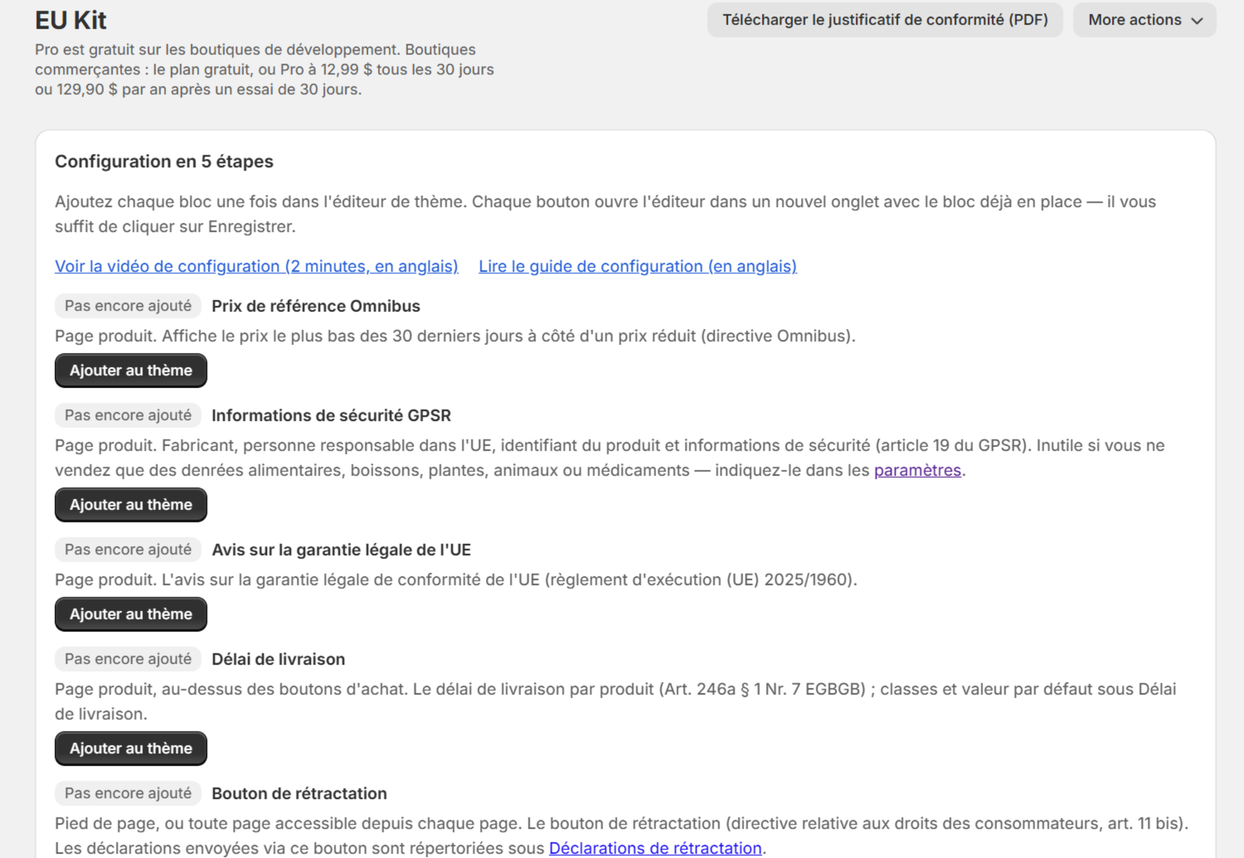 Le tableau de bord d'EU Kit après l'installation : Configuration en 5 étapes, chaque bloc « Pas encore ajouté » avec un bouton « Ajouter au thème »