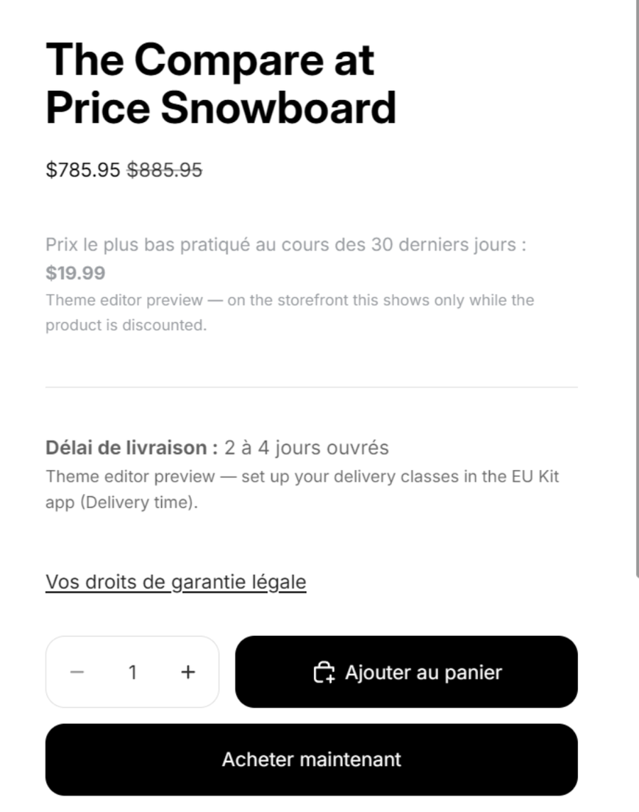 La fiche produit organisée dans l'éditeur : prix, ligne d'exemple du prix de référence, délai de livraison, lien vers la garantie légale, puis « Ajouter au panier »