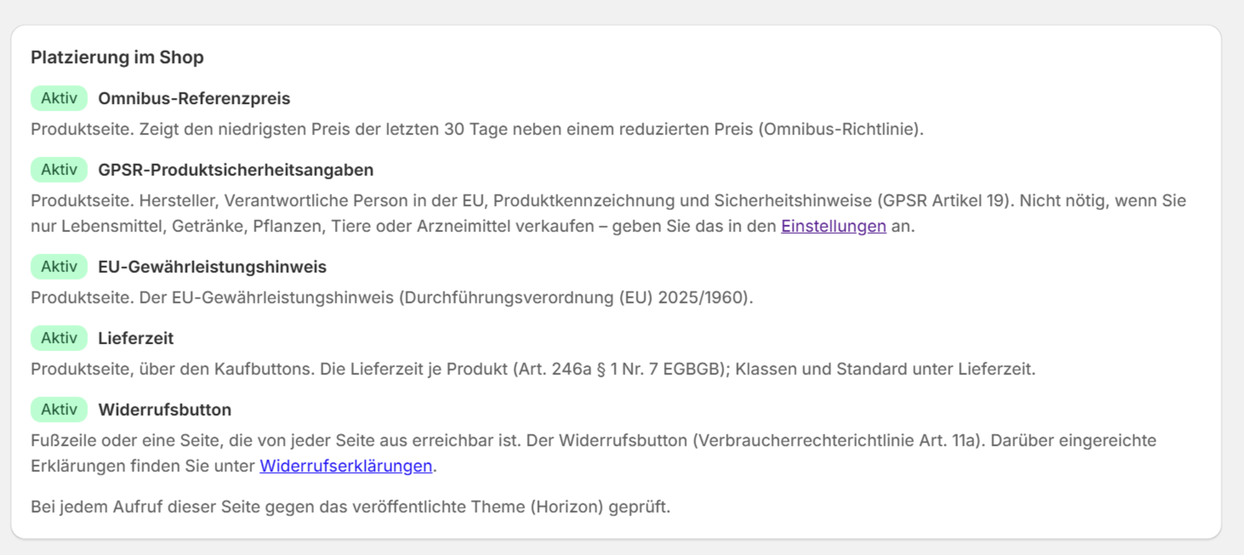 Die Karte „Platzierung im Shop“ mit allen fünf Blöcken „Aktiv“
