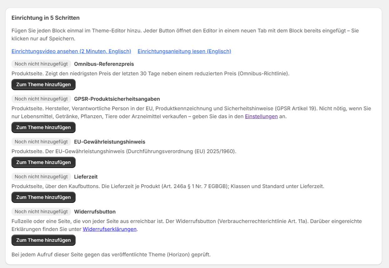 Das EU-Kit-Dashboard nach der Installation: Einrichtung in 5 Schritten, jeder Block „Noch nicht hinzugefügt“ mit dem Button „Zum Theme hinzufügen“