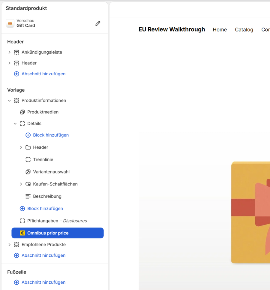 Der Theme-Editor: der neue Block „Omnibus prior price“ markiert, ganz unten im Abschnitt Produktinformationen