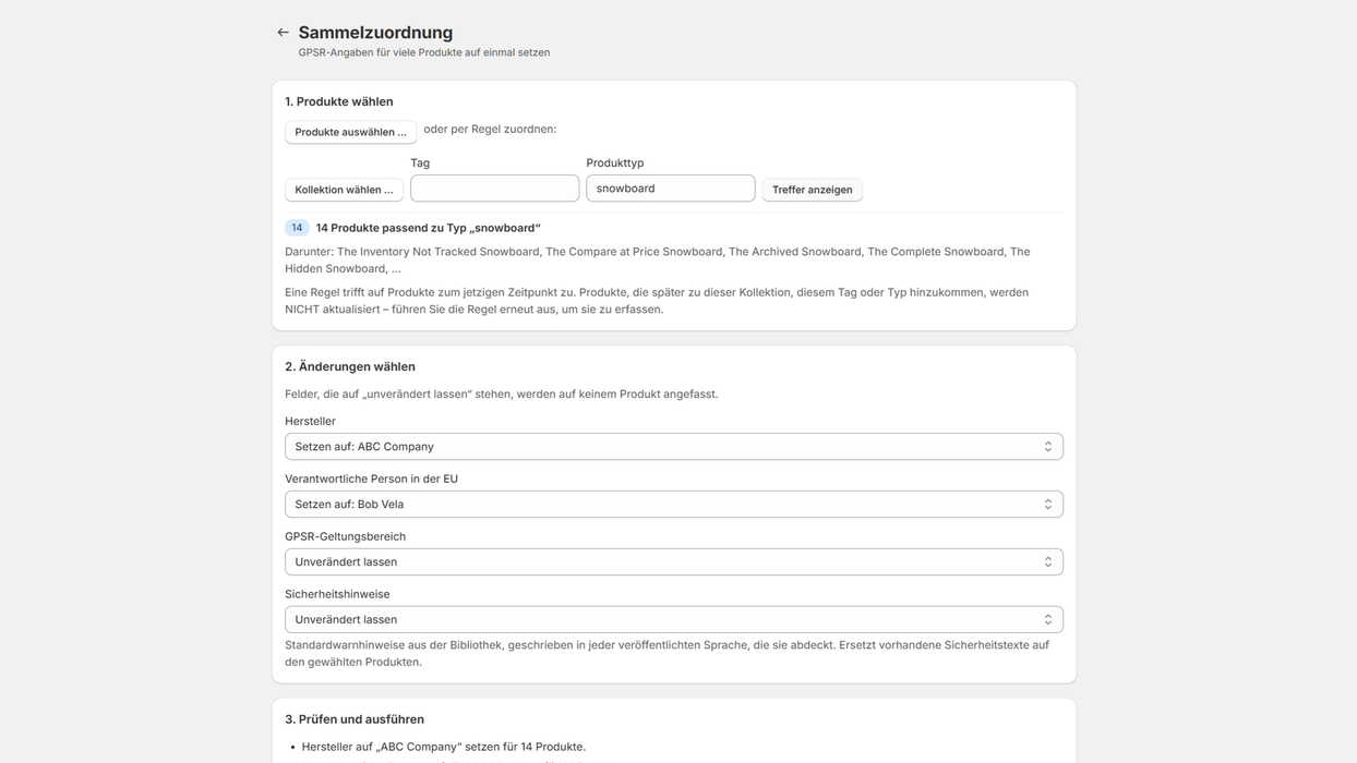 Sammelzuordnung: Produkte nach Produkttyp gewählt, Hersteller und verantwortliche Person gesetzt