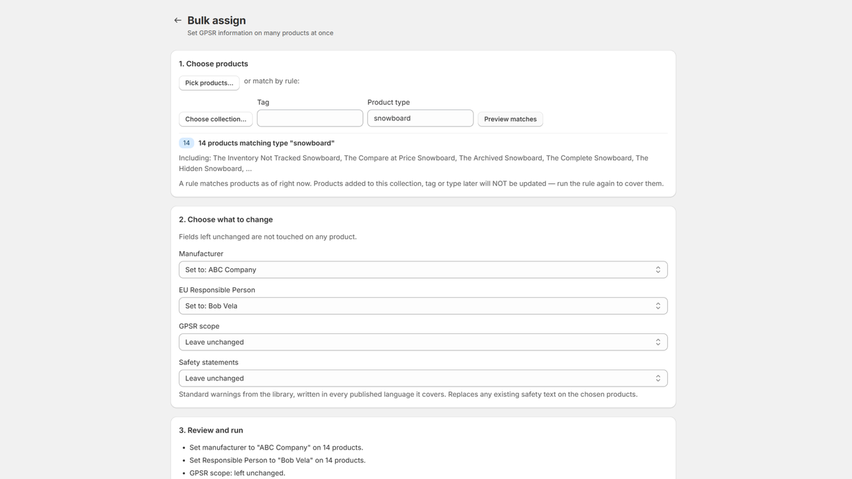 Bulk assign: products chosen by product type, manufacturer and Responsible Person set