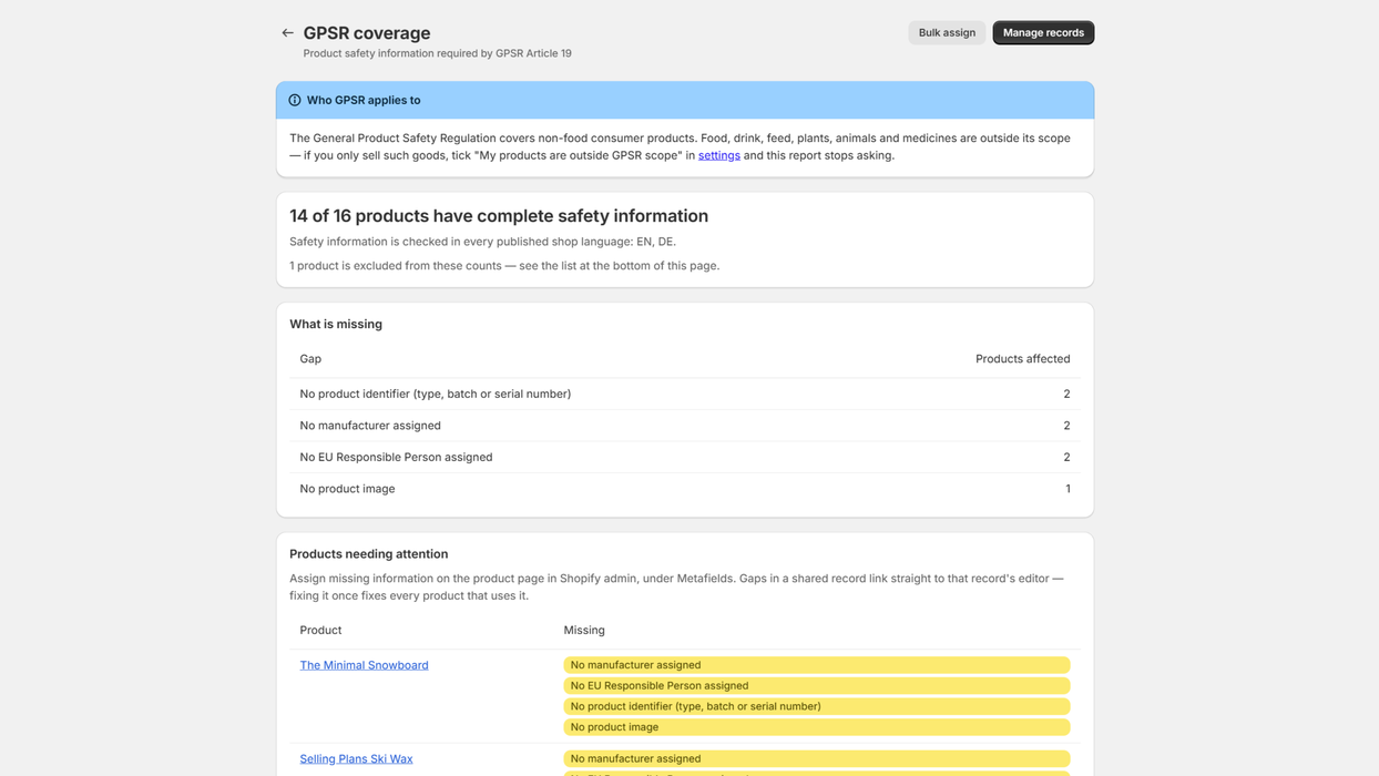 The GPSR coverage report: 14 of 16 products complete, and a list of what is missing