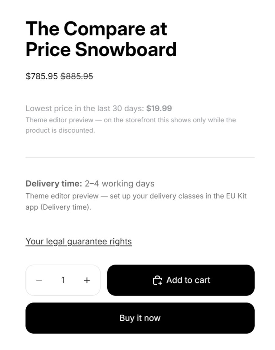 The arranged product page in the editor: price, the sample prior price line, delivery time, the legal guarantee link, then Add to cart