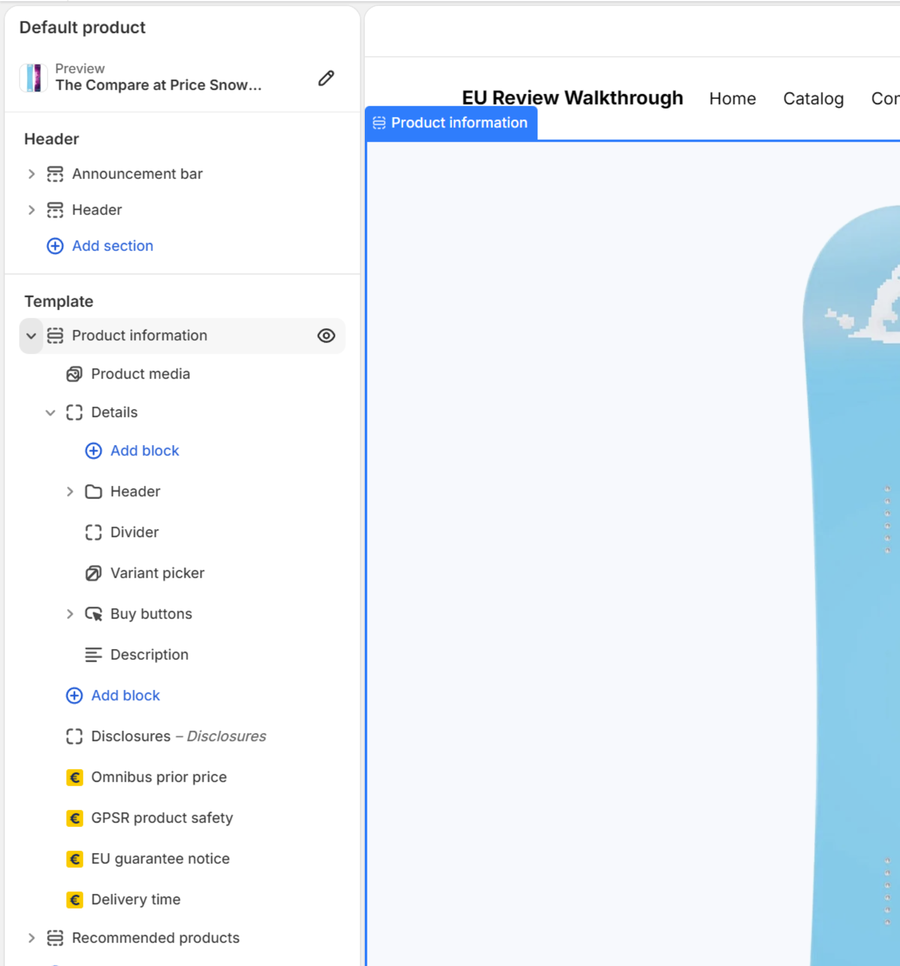 The theme editor: the new Omnibus prior price block highlighted at the bottom of the Product information section