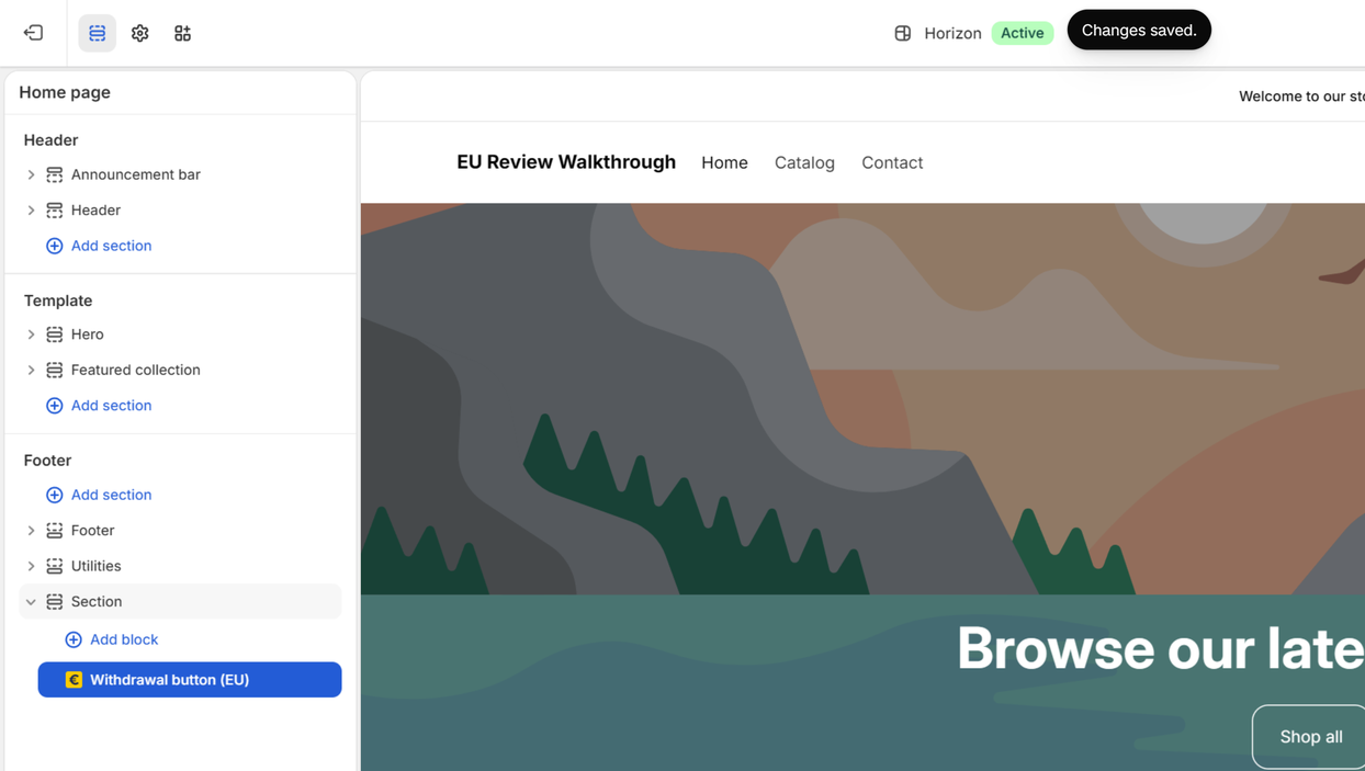 The theme editor after saving: the Withdrawal button (EU) block in a footer section, and the 