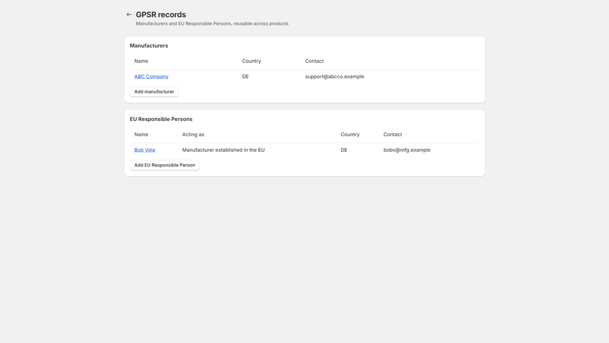 GPSR records: a manufacturer and an EU Responsible Person, each with an Add button