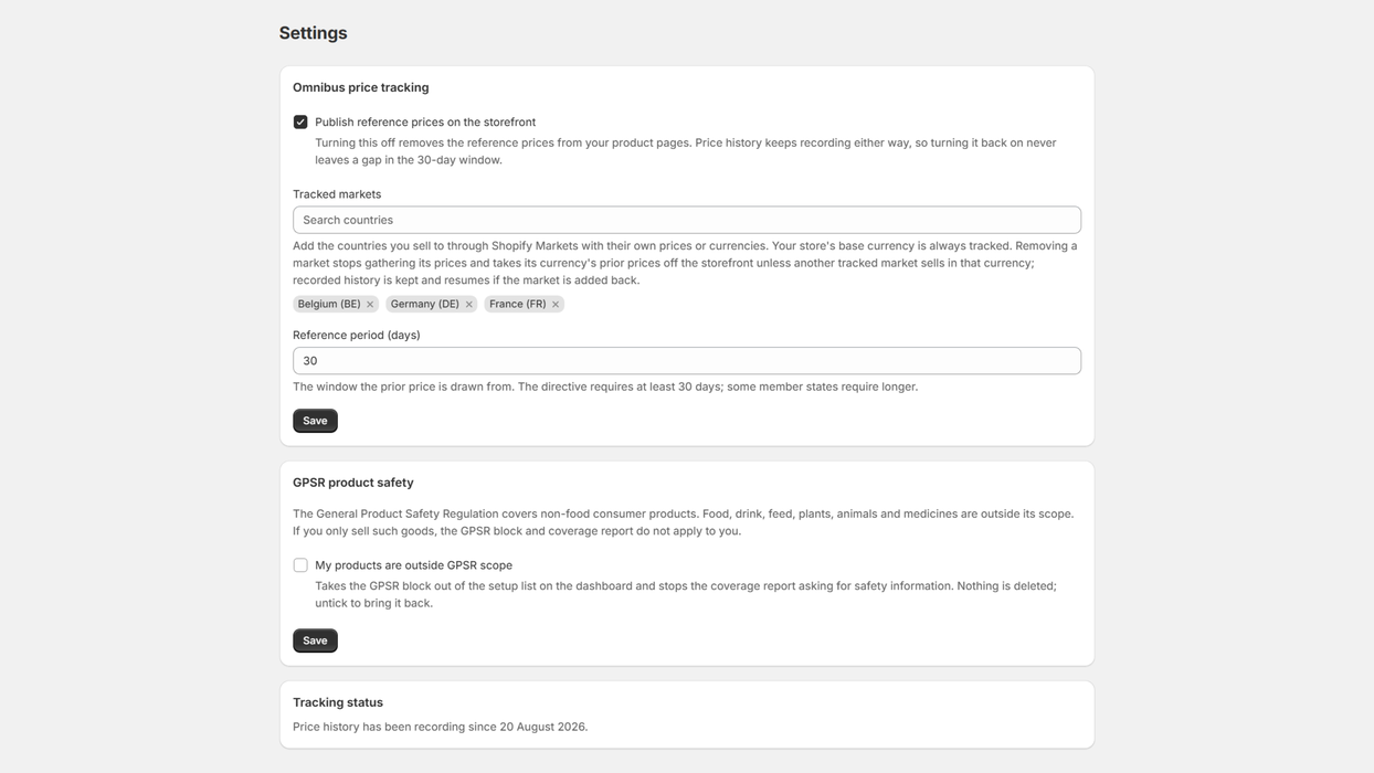 Settings: Omnibus price tracking on, Belgium, Germany and France tracked, a 30-day reference period