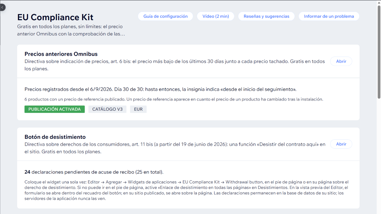 La página de inicio de la aplicación en el panel de control de Wix