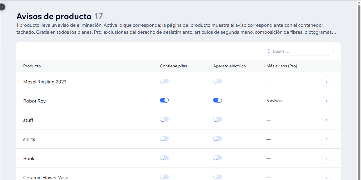 La página Product notices con dos interruptores por producto