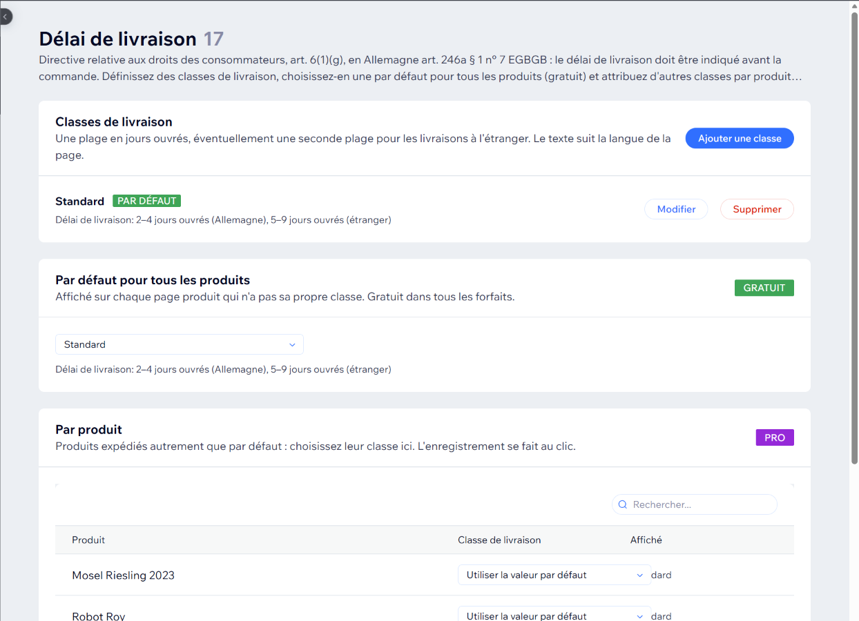 La page Delivery time : une classe de livraison, la valeur par défaut pour tous les produits et le tableau par produit
