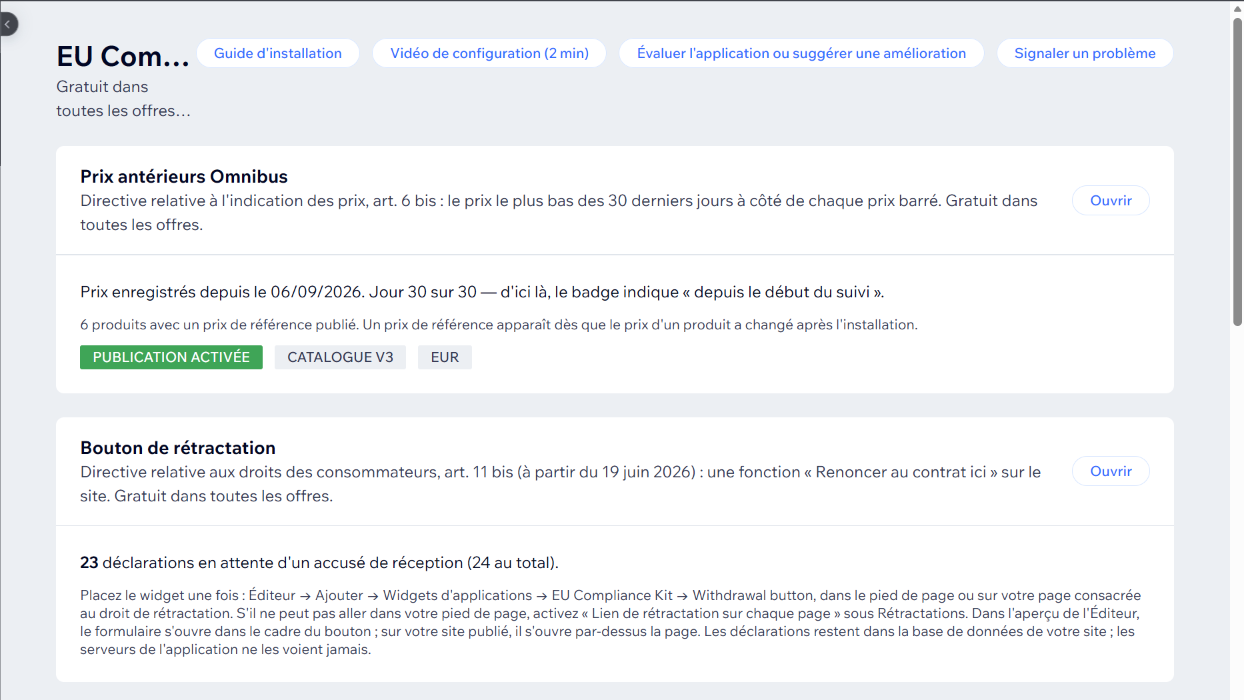 La page d'accueil de l'application dans le tableau de bord Wix