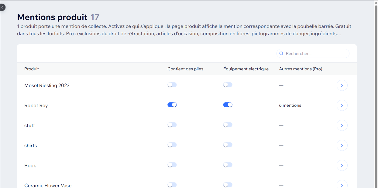 La page Product notices avec deux interrupteurs par produit