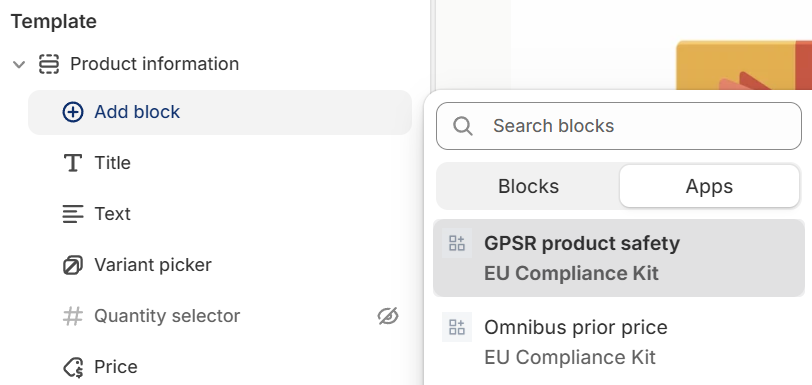 The theme editor's Add block menu with the Apps tab open, listing EU Kit blocks
